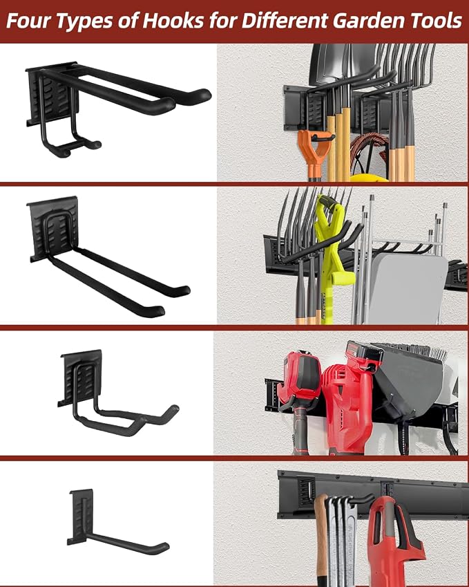 Garage Tool Organizer Wall Mount, 48in Tool Rack, 420LBS Capacity | Thick Steel, 3 Panels, 8 Movable Hooks in 4 Types, Rustproof Waterproof, Soft Anti-Scratch Hooks, Garden & Lawn Tool Storage