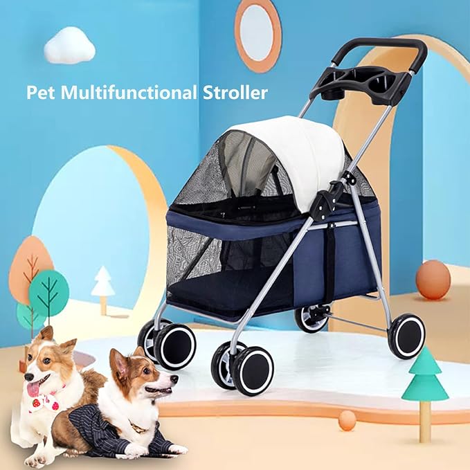 Outdoor Portable Foldable 4-Wheel Pet Cart for Small,Medium-Sized Dogs and Cats with Cup Holder,Travel Pet Small Lightweight Cart (Black)