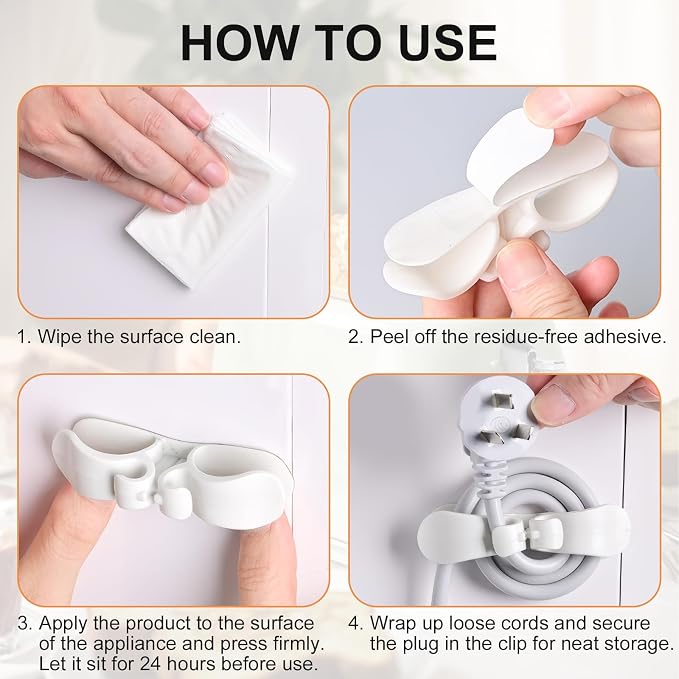 Cord Organizer Kitchen Appliance Cord Holder Adhesive Cable Wrap - Strong Sticky Cord Wrapper for Appliances, Fits Flat & Curved Surfaces, 8 Pack for Coffee Maker Air Fryer Mixer
