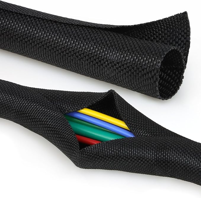 Split Braided Cable Sleeve，Flexible Wire Loom Tubing, Automotive Cord Protector Pet Proof, Cable Management for Computer TV Electric Wires Harness 16ft (Black, 32mm（1-1/4")