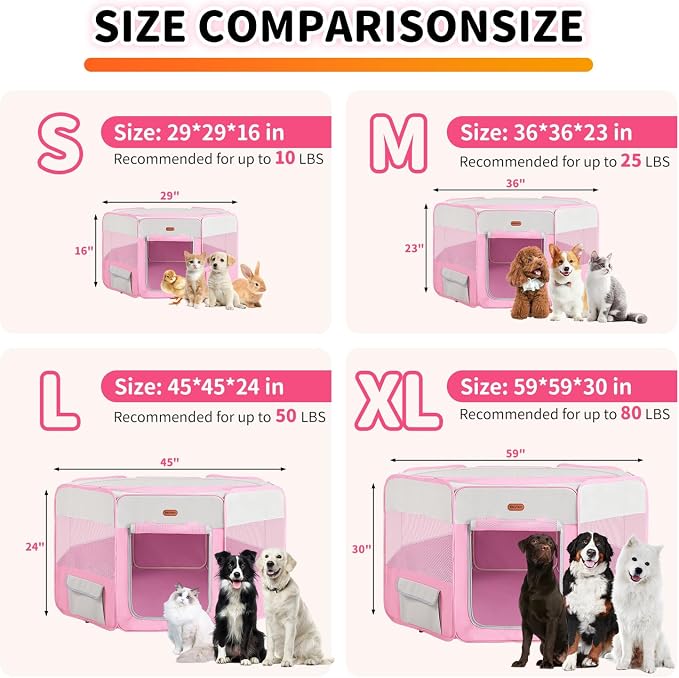 Seiyierr Dog Playpen, Portable Pet Playpen, Puppy Playpen, Cat Playpen with Carrying Case, Dog Playpen for Small Dogs Indoor/Outdoor, Removable Mesh Shade Cover, Pink XL