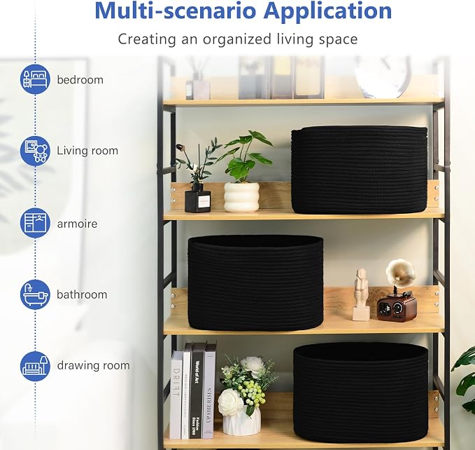ECDYQXVU 15x10x9 Inch Woven Cotton Rope Storage Basket, Black, 2 Pack | Foldable Design, Built-in Handles, Space-saving Organizer for Living Room, Bedroom, Laundry, Shelves, Clothes, Towels