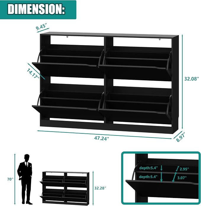 Xixini Shoe Storage Cabinet for Entryway with 4 Flip Drawers, Sturdy Wood Hidden Shoe Storage, Freestanding Narrow Slim Shoe Organizer for Front Door Entrance, Living Room, Hallway, Bedroom, Black