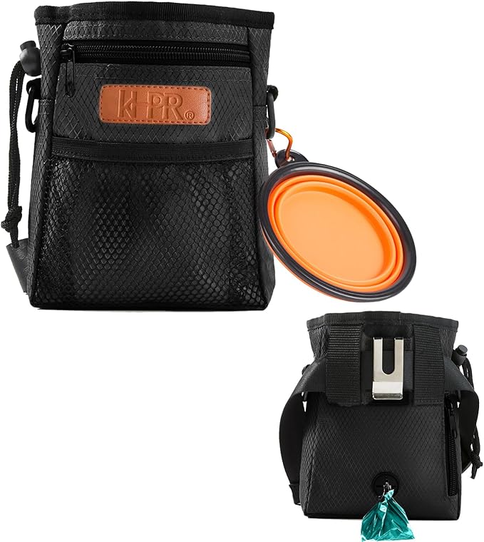 Dog Treat Training Pouch with Built-in Poop Bag Dispenser, Black | Easily Carries Pet Toys, Kibble, Treats, 3 Ways to Wear, Foldable Silicone Bowl, Quick One-Hand Access for Dog Walks & Hiking