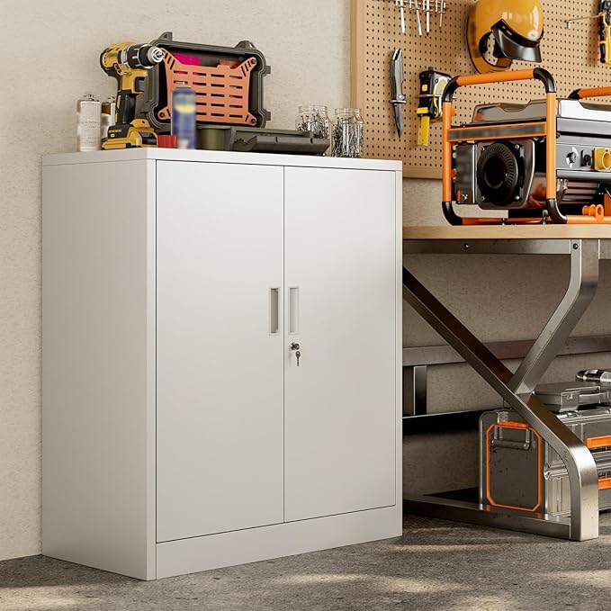 BESFUR Metal Garage Storage Cabinet with 2 Locking Doors and 2 Adjustable Shelves, 36" White Metal Short Storage Cabinet for Home Office, Garage,School,Utility Room