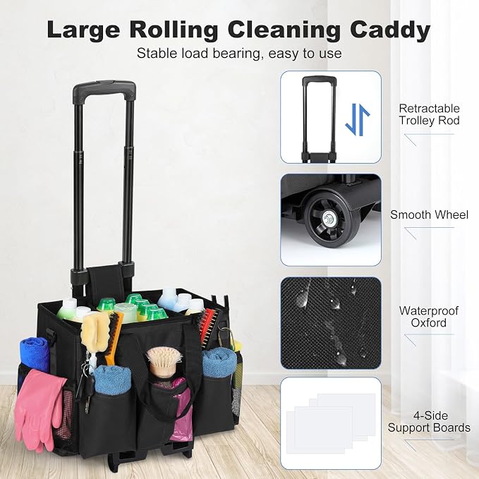 Housolution Rolling Cleaning Caddy Bag with Wheels, Black | Detachable Trolley, High Bearing & Waterproof, Multifunctional Using