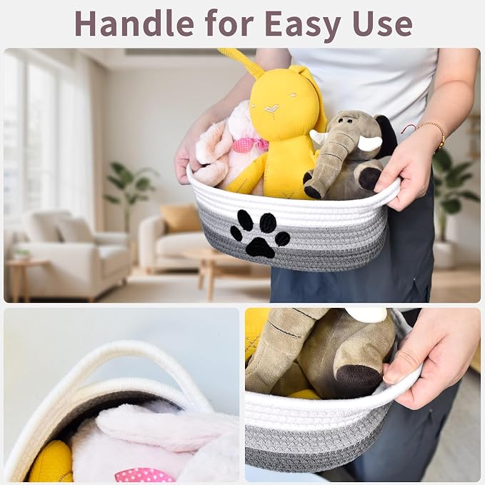 ABenkle Small Woven Basket with Handle, Cute Dog Paw Baskets for Gifts Empty, Decorative Rope Woven Storage Dog Toy Basket, Nursery Baskets for Baby Shower, 12" x 8" x 5"