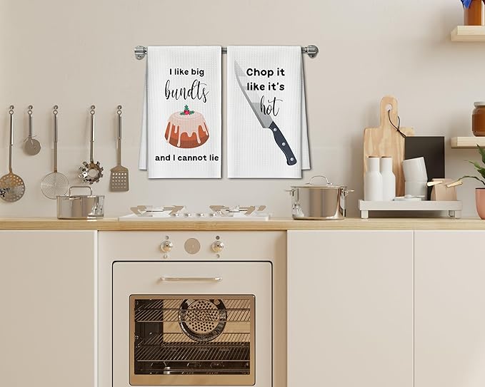Kitchen Towels Set of 2, Bundts and Knife Dish Towel for Kitchen, Decorative Hand Towels for Bathroom, Fast Drying Tea Towel with Funny Sayings, Housewarming Xmas Gifts for Women Mom -B15