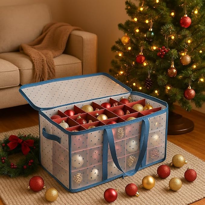Christmas Ornament Storage Box 128 Capacity - Large Plastic Organizer with Adjustable Dividers & Slots, Holiday Decoration Storage Container for 3 Inch Ornaments by Hearth & Harbor
