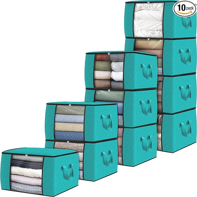 10 Pack Storage Bags for Clothes Blanket Storage Bins with Lids | Foldable Closet Organizers with Zippers,Window and Handles,Fabric Storage Bins for Sweater,Comforter,Bedding,Dorm essentials
