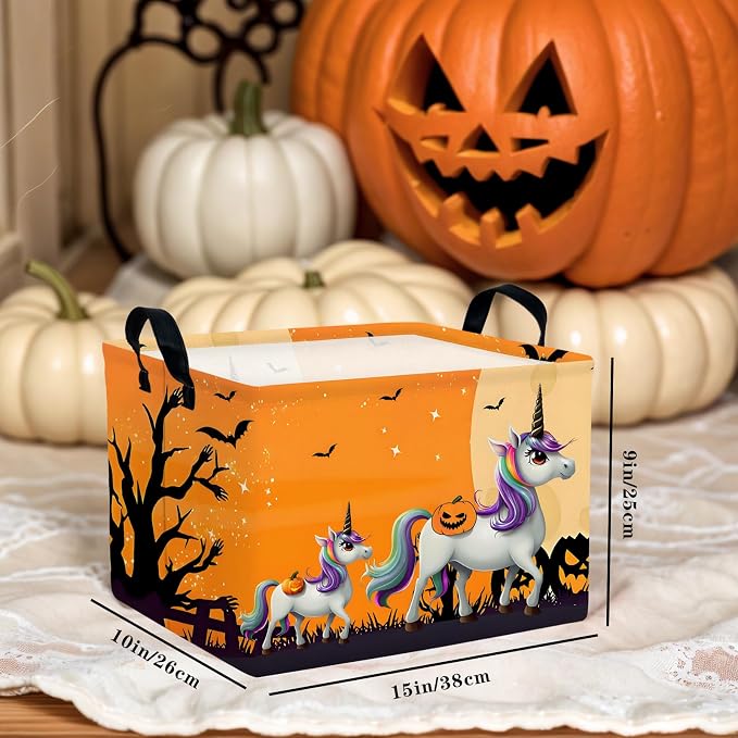 Halloween Basket Gift Cute Pumpkin Ghost Parties Decor Kid Trick or Treat Basket for Boys and Girls Rectangular Storage Bin Box (Unicorn Bat)
