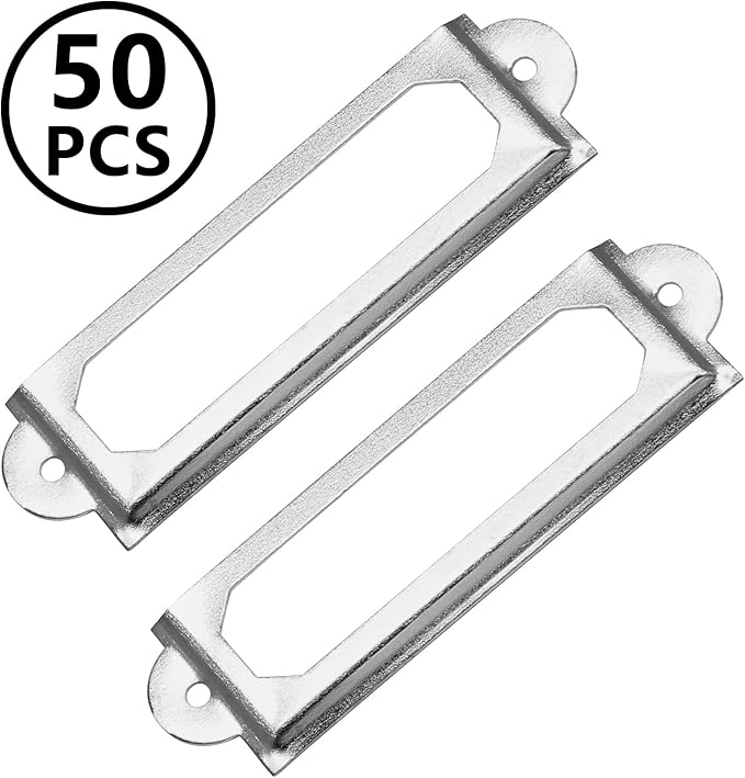 50 PCS Metal Label Holders 60x17mm Silver with Screws | Iron Nickel-Plated Rust-Proof, 60x17mm Fits 44x10mm Label, Screws Included, For Cabinet Drawer File Box