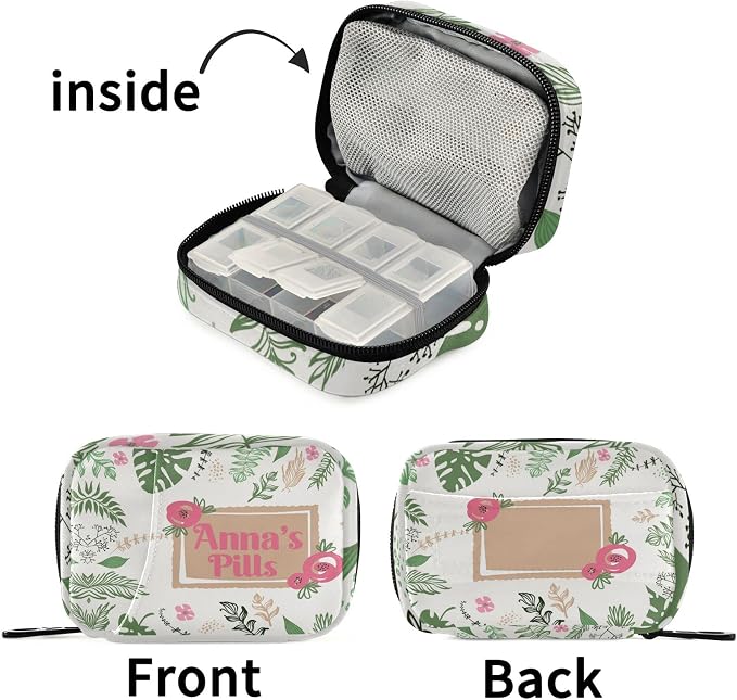 Custom Pill Box 7 Day Pill Case Bag Leaves Flowers Personalized Name Travel Pill Organizer Bag with Zipper Portable Weekly Case Compact Size for Vitamin Supplement Holder