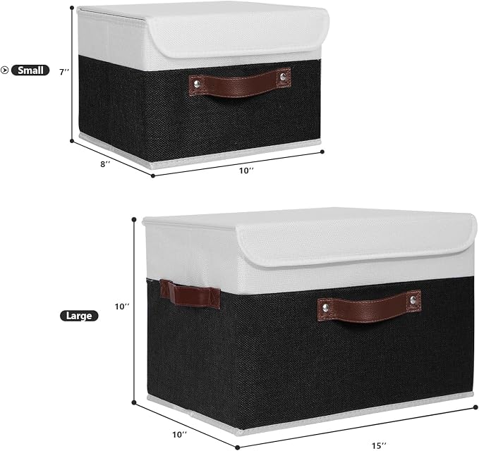 ANMINY Fabric Storage Box Bins with Lids, Black White, 10"x8"x7" | Keepsake Memory Storage, Cotton Linen, PP Board Reinforced, Washable, PU Handles, Foldable & Stackable, Decorative, Small