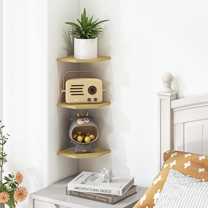 Corner Shelf Wall Mount, Floating Corner Shelves, Set of 3 Corner Wall Shelf Organizer, Rustic Wood Wall Storage Display Shelves for Living Room Bedroom Bathroom Kitchen, Rustic Brown, Oak