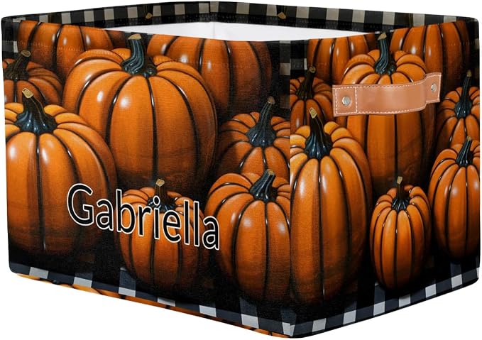 Personalized Storage Bins for Boys, Customized Name Orange Pumpkins Black White Plaid Storage Basket Rectangle Clothes Organizer for Organizing Kids and Pets Toys Shelf Closet