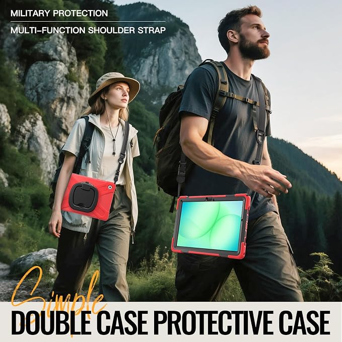 Rugged Protective Case Compatible with Samsung Galaxy Tab A11 Plus/A11 + 11" 2023 SM-X230, Military-Grade Shockproof Cover with 360° Rotating Stand & Built-in Screen Protector (Red)