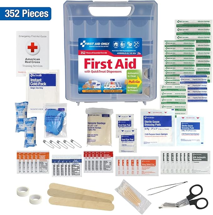 First Aid Only 91268 QuickTreat Dispenser Emergency First Aid Kit for Home, Work and Travel, 352 Pieces