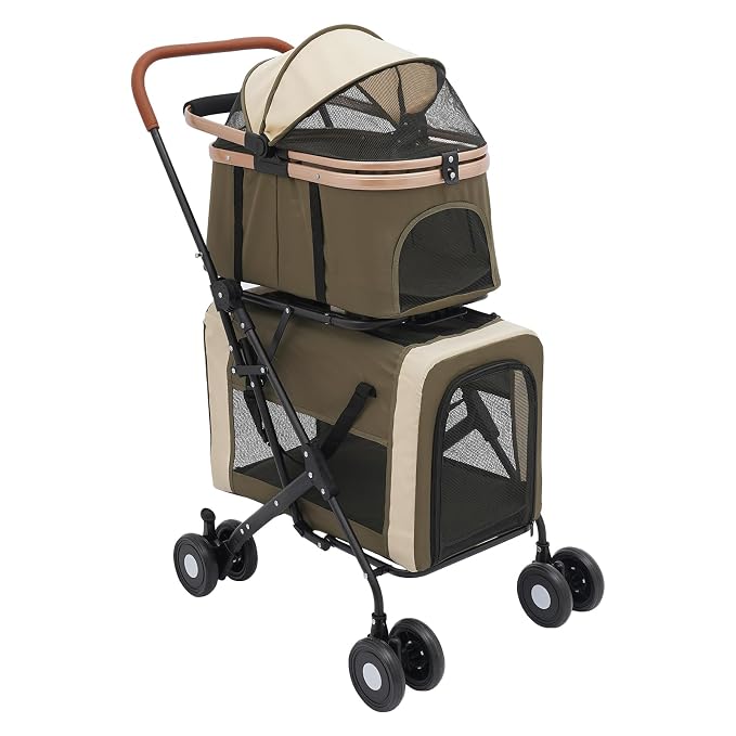 Pet Stroller, Portable Double Pet Stroller Cart with 4 Wheels, Heavy Duty Foldable Dog Cat Supplies, Multifunctional Carrying Storage Cat for Traveling with Pets, Shopping (Dark Green)