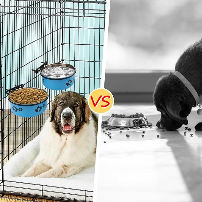 Stainless Steel Dog Crate Bowls Hanging No Spill 2 PCS - Adjustable Mountable Kennel Bowls for Medium/Large Dogs, Anti Spill Water & Food Bowl Set (Blue, L(6.3"+7.1"))