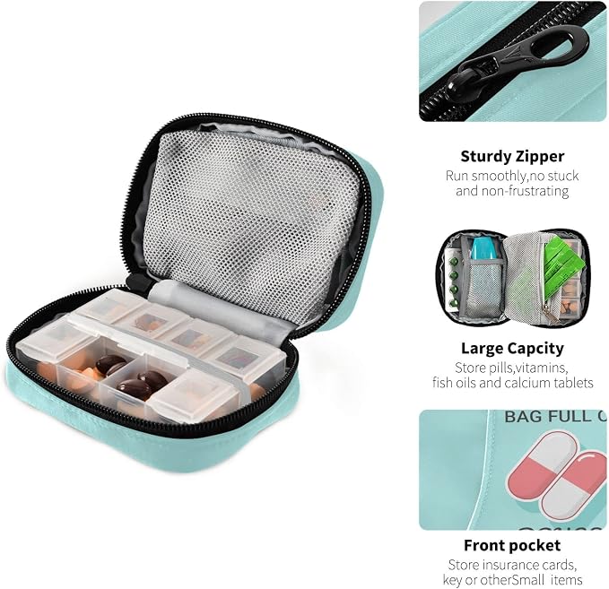 Naanle Medical Pills Pill Box 7 Day Case Bag Travel Organizer with Zipper Portable Weekly Compact Size for Vitamin Supplement Holder A Cartoon Blue White 4.6 x 3.14 x 1.88 Inch, 1.0 Count