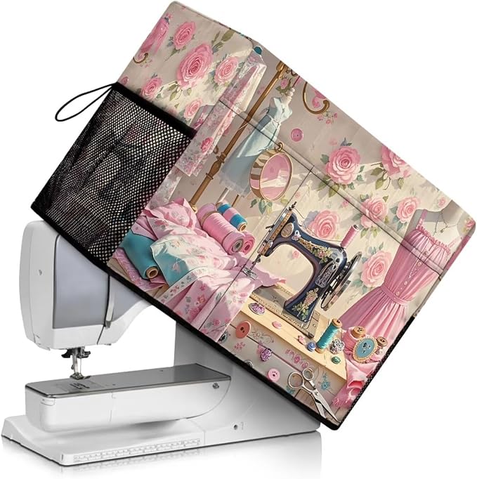 Sewing Element Sewing Machine Cover with Storage Pockets,Dust & Pet Hair Protection,Fits Standard Singer, Brother and Janome Machines, Protecting & Decorating Your Sewing Space (Pink)