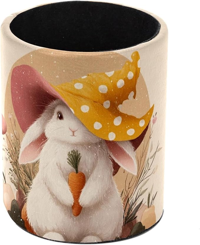 Faux Leather Pen Holder for Desk, Pencil Organizer Cute Easter Bunny Pen Cup Desk Decor Makeup Brush Holder Storage for Office Home