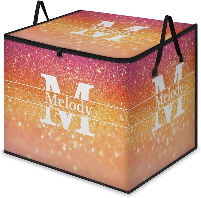 Personalized Name Foldable Storage Basket Cubes with Lid, Initial Letter Comforters Bedding Storage Bin with Handles for Shelf Home Closet, Gradient Pink Orange Glittering Bling