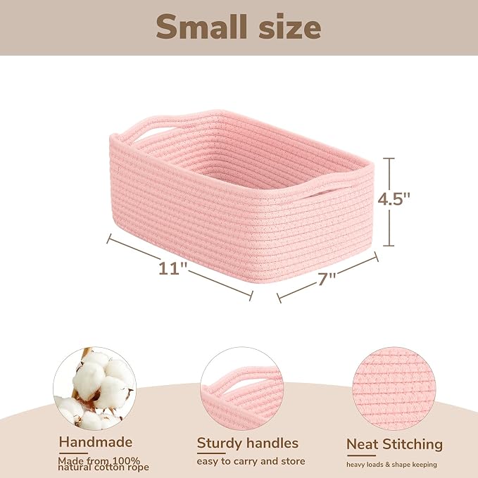 Goodpick 3-Pack Small Storage Baskets, Dorm Decor, 11 x 7 x 4.5 in | Woven Baskets for Shelves, Closet Organizer Bins,Empty Baskets for Gifts, Woven Basket for Play Room, Pink