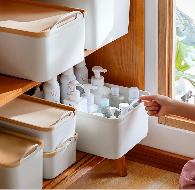 ANMINY White Plastic Storage Bins Baskets with Lids, 8-Pack, 1XL+1L+2M+4S | Large Plastic Bins, Sturdy PET, with Handles, Stackable, Opaque Storage Boxes, for Closet Shelves Desk, Wheat Lids