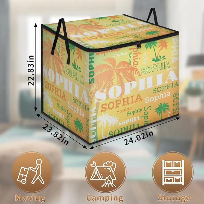 Personalized Extra Large Storage Basket with Lid, Comforters, Orange Green Palm Trees Yellow Background Bedding Storage Bin for Home, Collapsible Basket for Clothes, Moving, Car Trunk