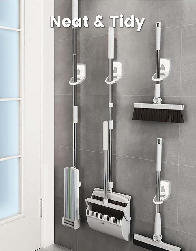 Broom Holder Wall Mount Self Adhesive, Broom and Mop Organizer Wall Hanging, No Drilling Anti-Slip Broom Hook Over Door for Home, Kitchen, Garden, Garage Storage 4-Pack
