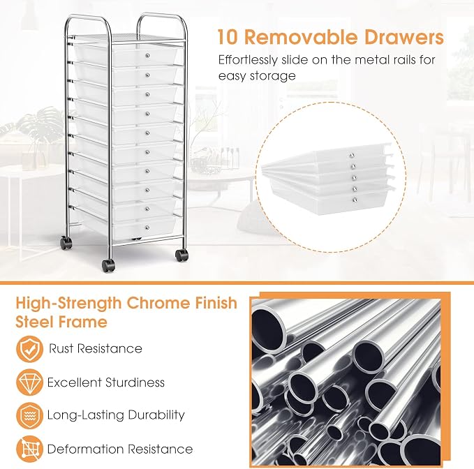 10 Drawer Rolling Storage Cart, Organization Cart with Drawers for Craft Makeup Paper Tool Art Supply, Versatile Utility Cart on Wheels for Home Office Classroom School (Clear)