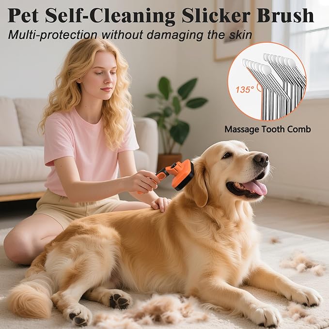 2PCS Self Cleaning Slicker Brush & Dog Comb - Skin Friendly Deshedding Grooming Tool for Dogs, Cats and Small Animals, Professional Deshedding Dematting Tool for Long and Short Haired Pets (Orange)