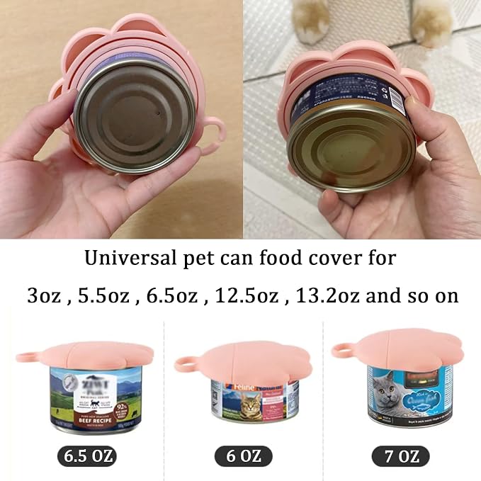 3 Pcs Cat Food Can Lids & One Opener | Cute Paw Shape Can Covers and Opener Spatula Cat Spoons for Wet Food | Universal BPA Free Silicone Spoon & Covers for Dog Cat Cans(Pink)