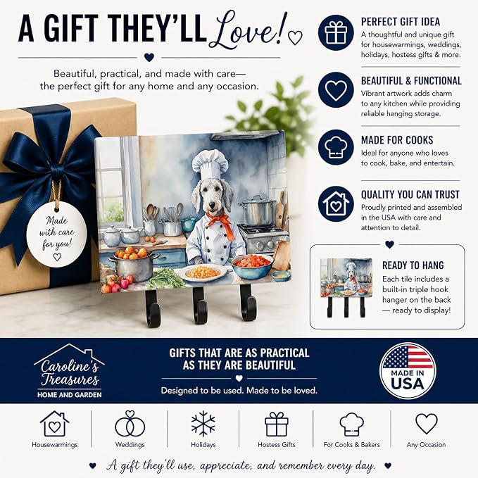 Caroline's Treasures Bedlington Terrier The Chef Leash or Key Holder Wall Hooks, Key Hooks Holder, Coat Rack Wall Mount, Coat Hooks, Hooks for Hanging Keys, Towels, Aprons, Leashes | Bedlington Terrier The Chef artwork on ceramic tile with three steel ...