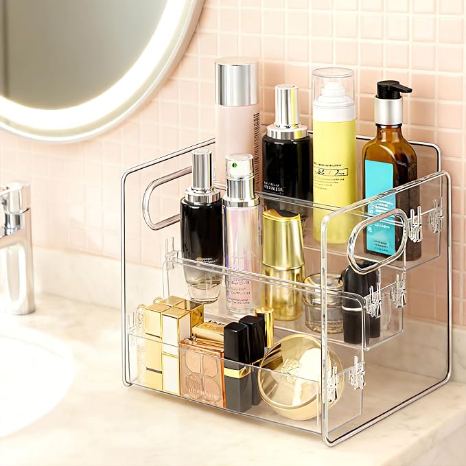 3-Tier Bathroom Counter Organizer – Storage Shelf for Makeup, Perfume & Skincare, Makeup Perfume Tray Skincare Organizer Fits Bathroom, Dresser, Kitchen (Clear)