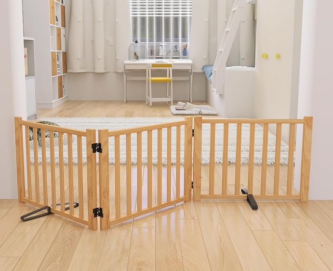 YOCAN Non-Painted Wooden Freestanding Dog Gates - 3 Panels L:69" H:16.9" | Pet Gate for The House,Doorways, Stairs,Wood Dog Fences Indoor Pet Gate,Step Over Fence