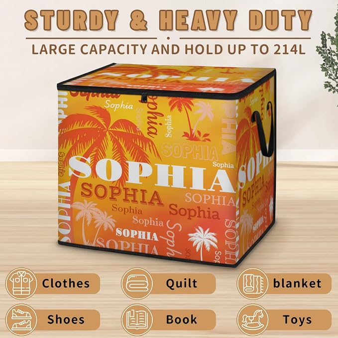 Custom Name Large Clothes Storage Organization with Lids, Shelf Basket, Bedding Clothes Towel Storage Bin for Nursery, Gift Basket, Pet Basket, Dark Orange Tropical Palm Trees Gradient Yellow Orange