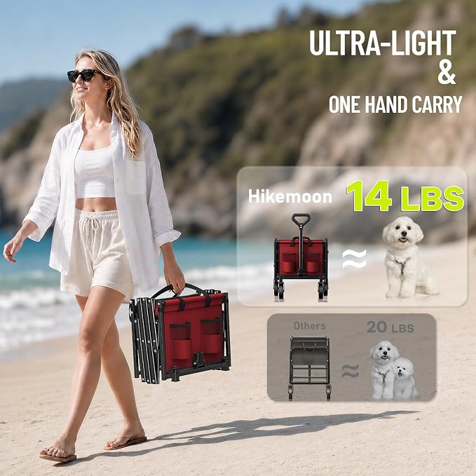43'' Extra Long Folding Wagon with Extended Tailgate, Red | Wagons Carts Foldable, 360LBS Heavy Duty, Compact Portable, Utility Collapsible for Shopping/Beach/Garden/Camping/Sports