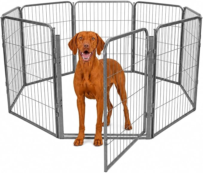 Dog Play Pen for Outdoor Use - 32'', 8 Panels for Small and Medium Size Dogs - Portable Playpen Pet Fence for RV, Camping, and Yard - Heavy Duty Kennel w/Grey Rust Resistant Coating