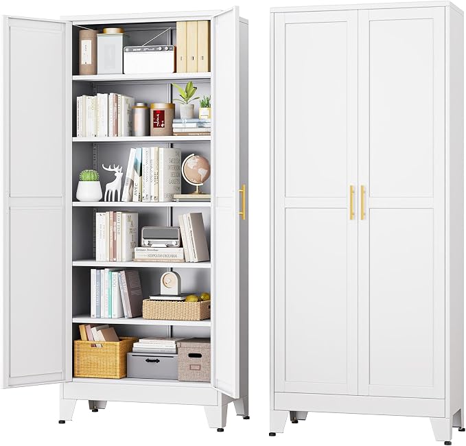 White Metal Storage Cabinet,75" Steel Cabinets for Home Office | Kitchen Pantry Storage Cabinet with Doors and 5 Adjustable Shelves, Tool Cabinets, for Office, Home, Garage, School