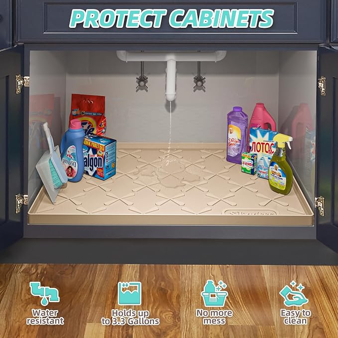 Waterproof Under Sink Mat 37" x 22" Silicone Mat Cabinet Protector | Heavy Duty Deep Drip Tray, Extra Thick Non Slip Liner for Kitchen & Bathroom, Pets, Organizer, Storage, Boots, Home Essential