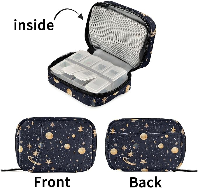 Fustylead Beautiful Celestial Constellation Stars and Planets Travel Pill Case Bag with Zipper Weekly Pill Box 8 Compartments 7 Day Personal Pill Case Purse Medicine Case Organizer