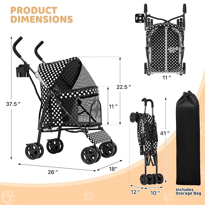 Magshion Compact Fold Pet Travel Stroller for Small Dogs Cats | Up to 22lbs, 4-Wheel Lightweight Umbrella Shaped Design, Safety Tethers, Breathable Mesh, Cup Holder & Rear Storage