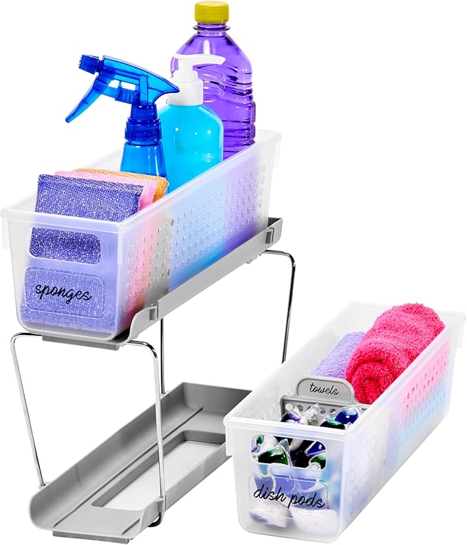madesmart Mini 2-Tier Organizer, Multi-Purpose Slide-Out Storage with Handles and Dividers for Home and Bath, Frost | pull out bins, adjustable dividers, tiered access, cleaning supplies, under sink use, pantry bottles, woman owned