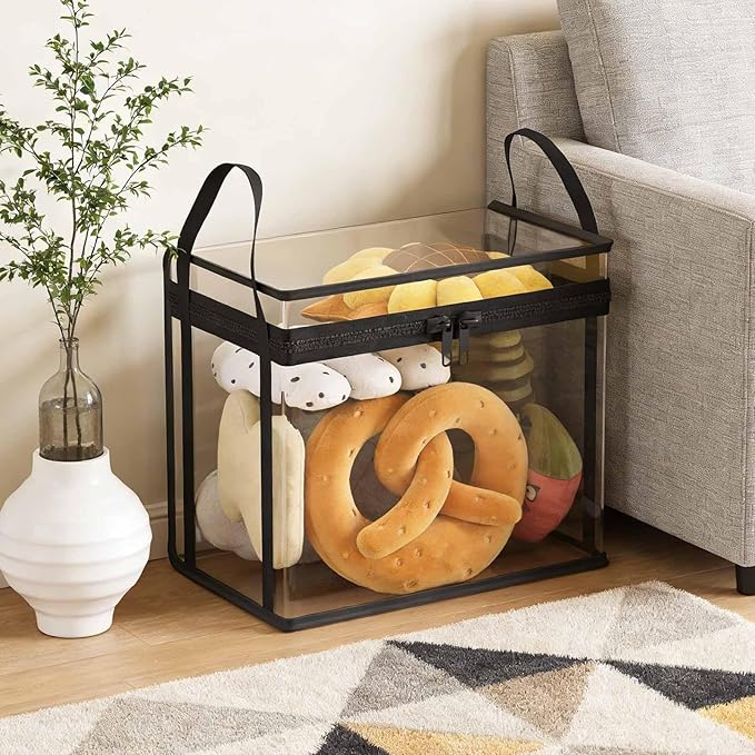 Stuffed Animal Storage PVC Organizer Bag Doll Storage Container Dustproof Box with Carrying Handle for Playroom Living Room Children's Birth, Black