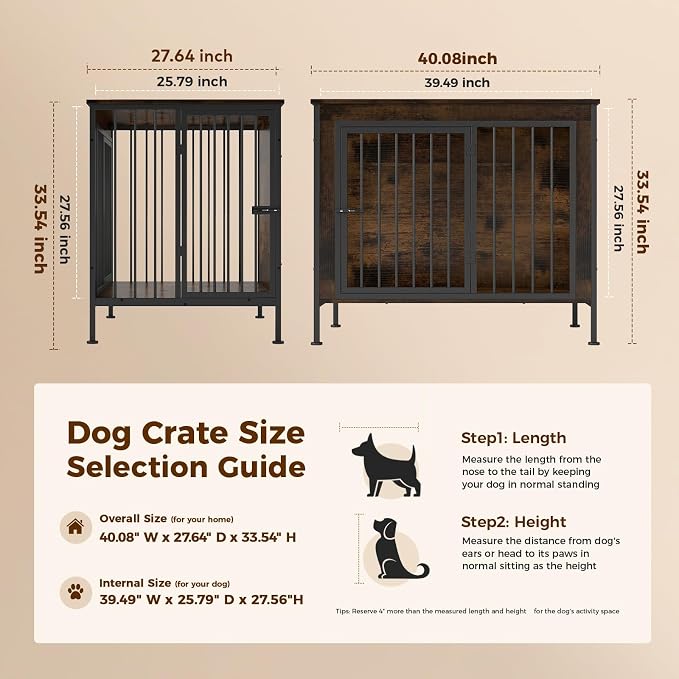 40" Dog Crate Furniture, Decorative Dog Kennels for Large Dogs, Dark Brown | Thick wood, heavy-duty steel, 2-door escape-proof locks, waterproof scratch-resistant, extra-large, stylish, easy assembly