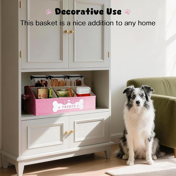 Dog Treat Container, Dogs Storage Organizer with Removable Dividers, Collapsible Dogs Treat Holder for Countertop, Trapezoid Pet Treats Containers, Dog Toy Basket with PU Handles, Medium, Pink