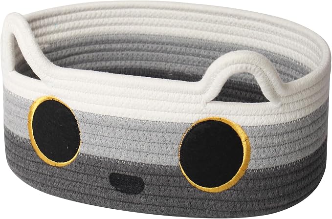 Cat Toy Basket, Small Woven Cat Toy Storage Box with Cute Ear Handle Indoor, Cotton Rope Storage Bin with Embroidered Face for Home Decor, Pet Bed, Nursery Kids Room Organization, 3-tone Gray